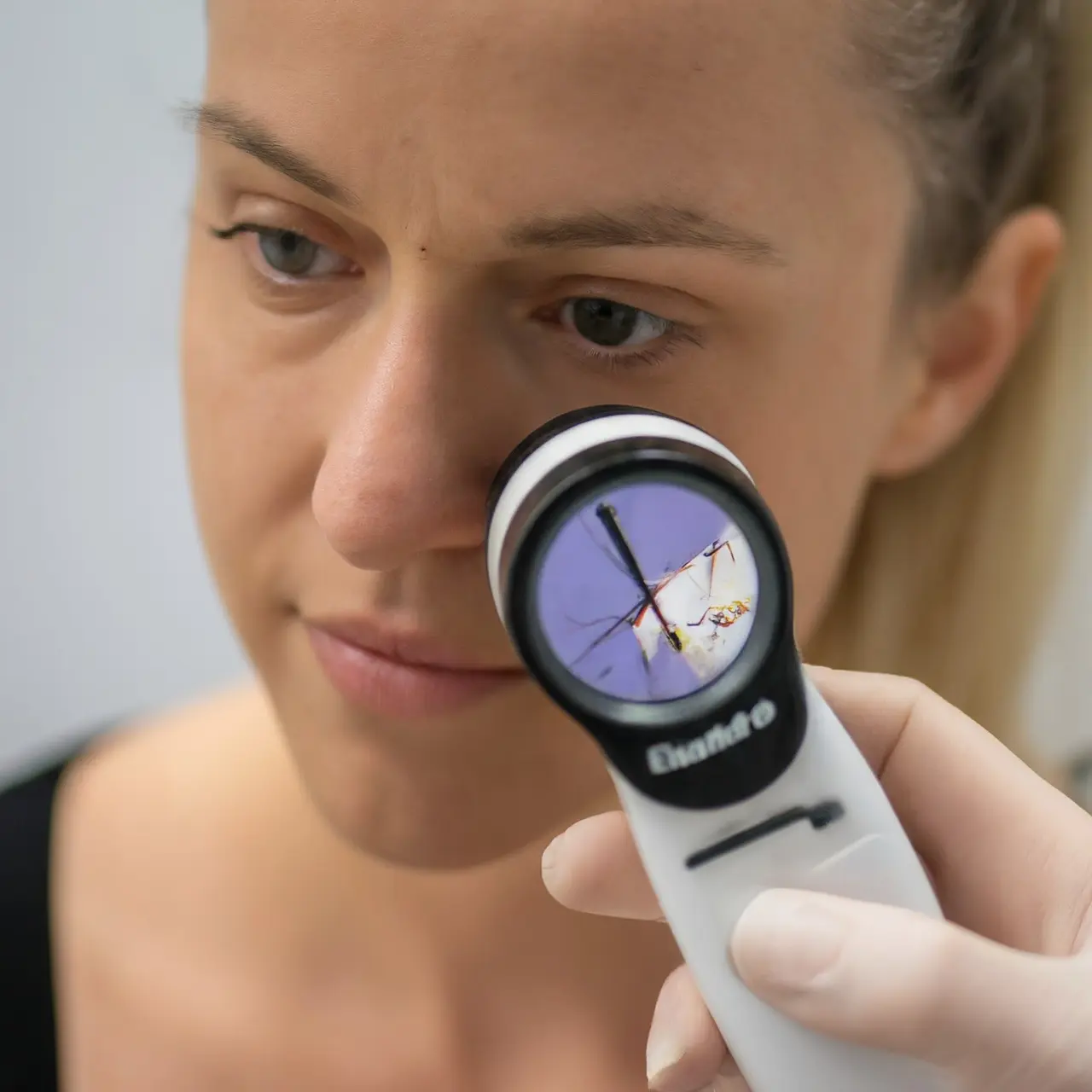 A dermatologist examining skin with professional equipment. 35mm stock photo