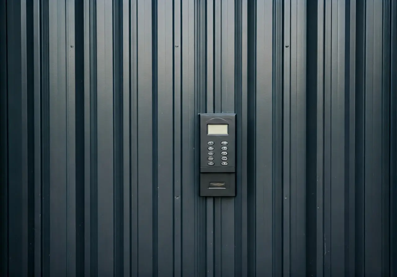 A sleek security gate with integrated electronic access keypad. 35mm stock photo