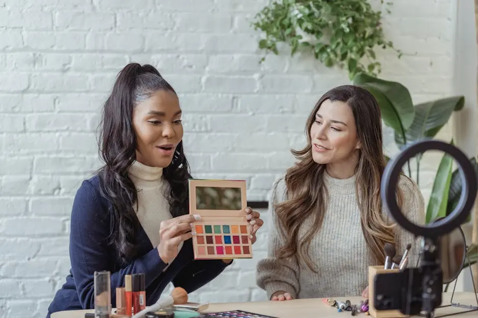 Two women recording a makeup tutorial with cosmetics and equipment in a bright studio.