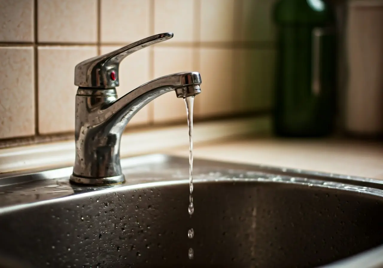 A leaky faucet wasting water in a kitchen sink. 35mm stock photo