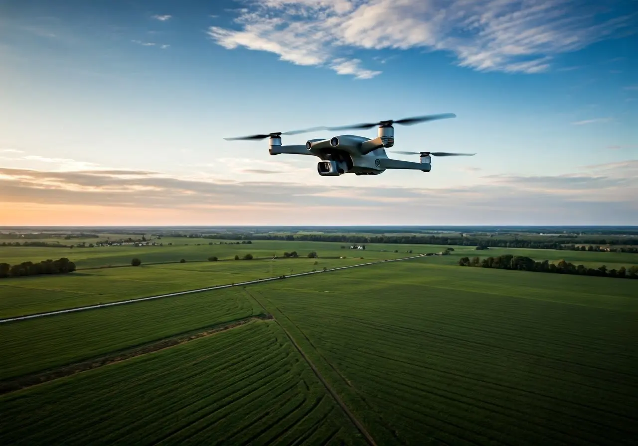 DJI Mavic 3M drone flying over expansive agricultural fields. 35mm stock photo