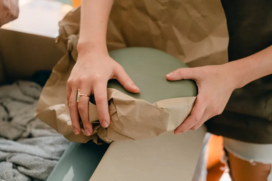 Close-up of woman wrapping a vase in brown paper for packing in a cardboard box. Ideal for moving themes.