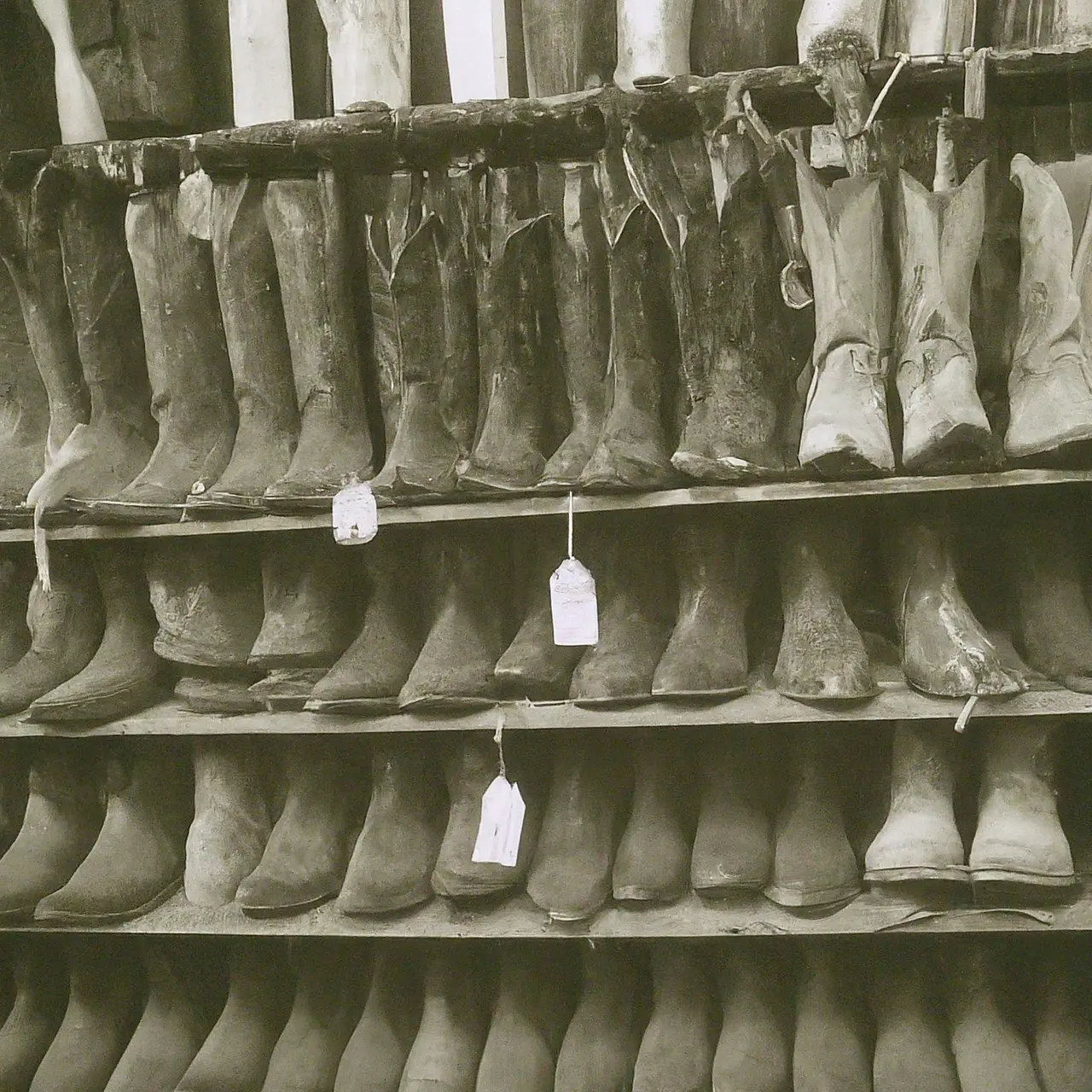 Old western boots on store shelves with price tags. 35mm stock photo