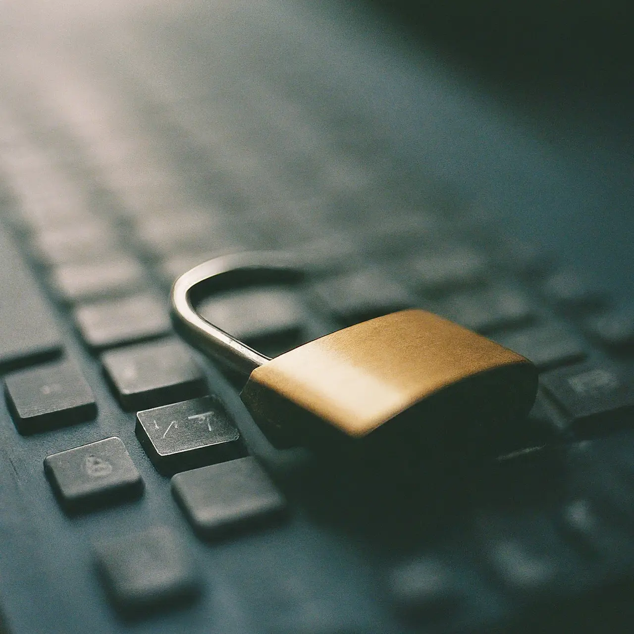 A locked padlock on a computer keyboard. 35mm stock photo