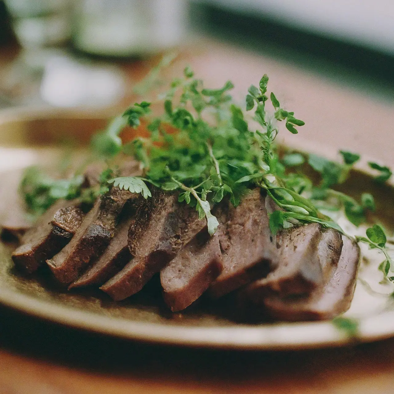 A platter of cooked bison meat garnished with herbs. 35mm stock photo