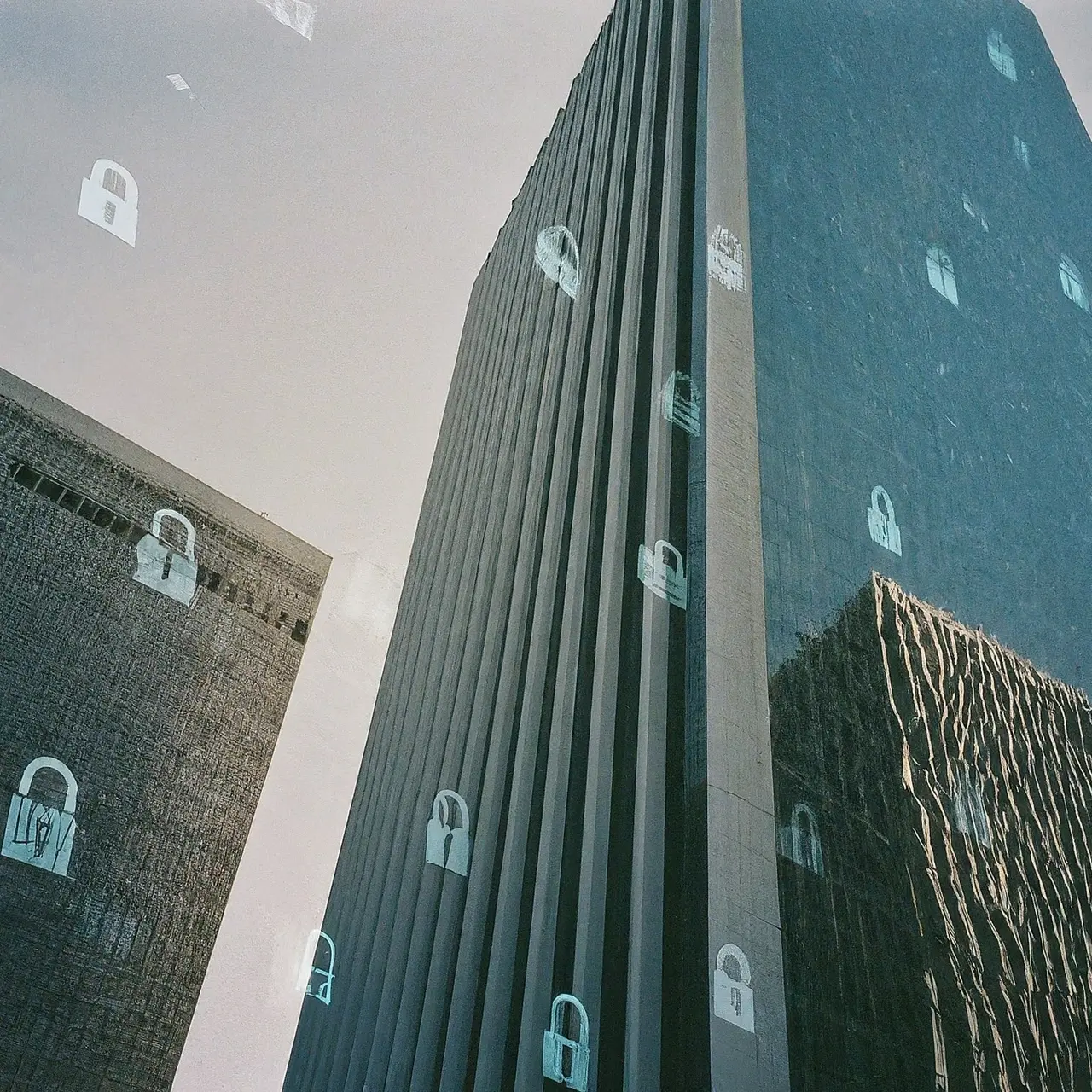 Orange County skyscrapers with digital security icons overlay. 35mm stock photo