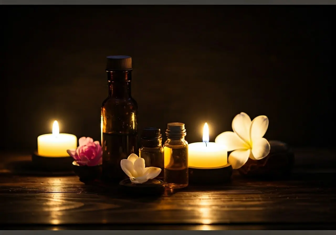 A serene spa setting with candles, flowers, and essential oils. 35mm stock photo