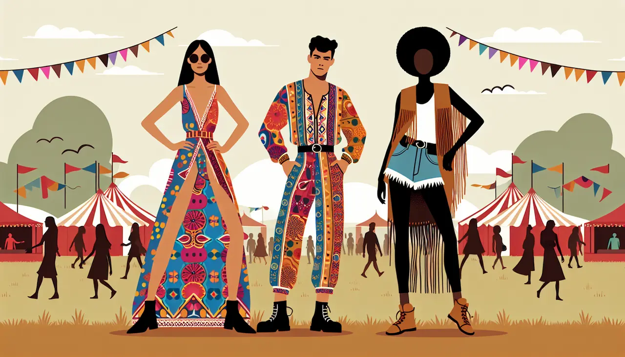 Draw a graphic in flat design style. A colorful flat design illustration of three people wearing trendy festival outfits, including a bohemian maxi dress, a vibrant patterned jumpsuit, and a fringed vest with denim shorts, against a simple outdoor festival backdrop.