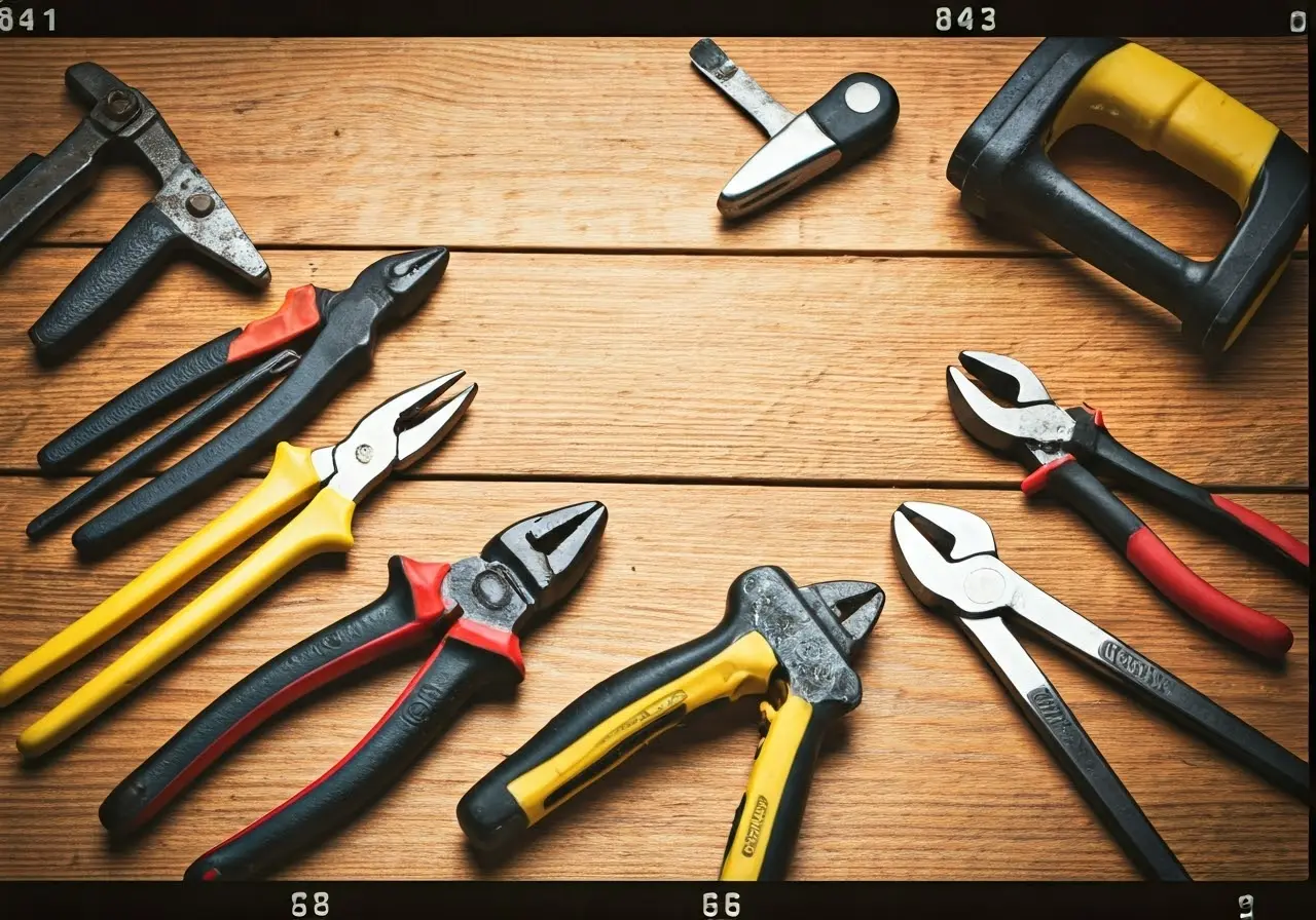 A handyman’s tools arranged neatly on a wooden workbench. 35mm stock photo