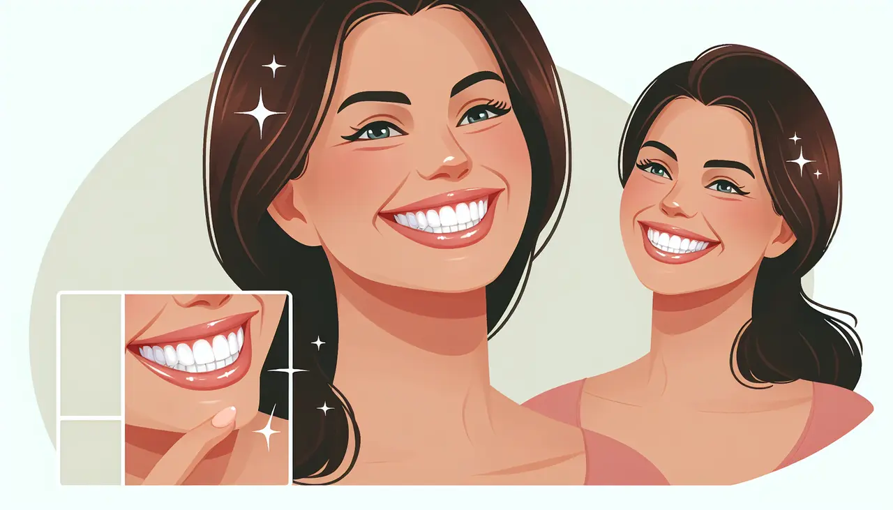 Draw a graphic in flat design style. A smiling woman showing off her perfect teeth, with a sparkling effect near her smile, in flat design style; keep the image clean and simple.