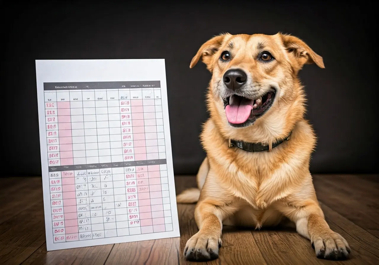 A smiling dog sitting beside a weekly training schedule. 35mm stock photo