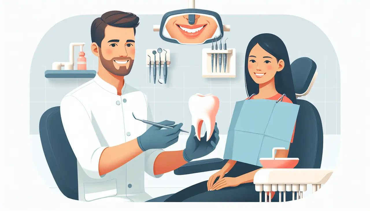 Draw a graphic in flat design style. A friendly dentist holding a tooth model and dental tools, with a smiling patient in a chair, showcasing a personalized dental experience in a clean, modern clinic setting.