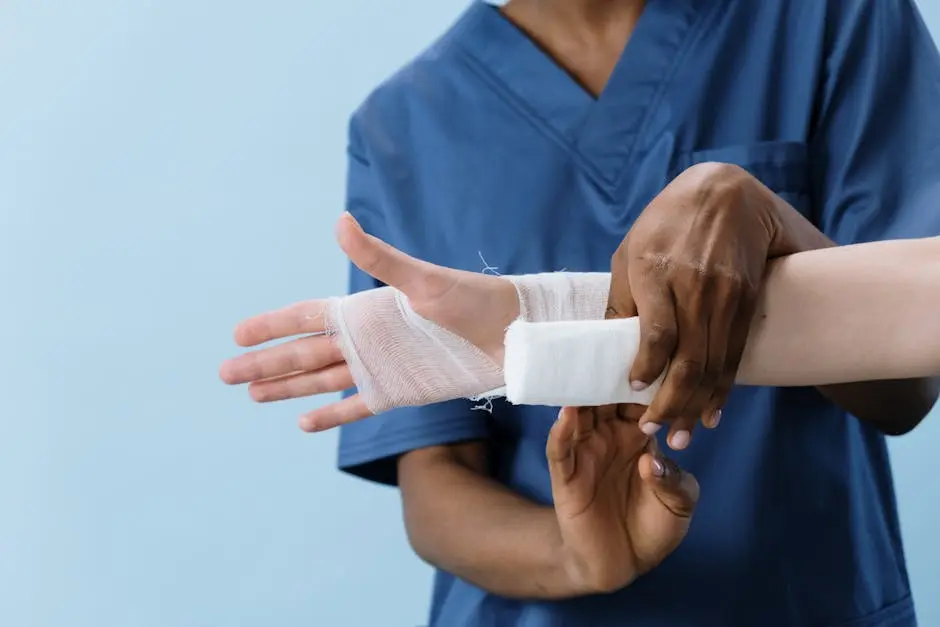 A medical professional carefully wrapping a bandage around an injured person’s hand.