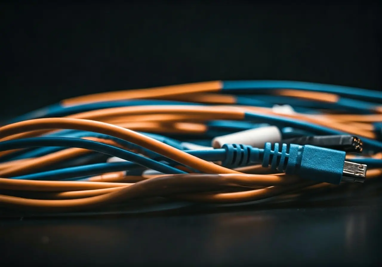 A close-up of various colorful cables and connectors intertwined. 35mm stock photo