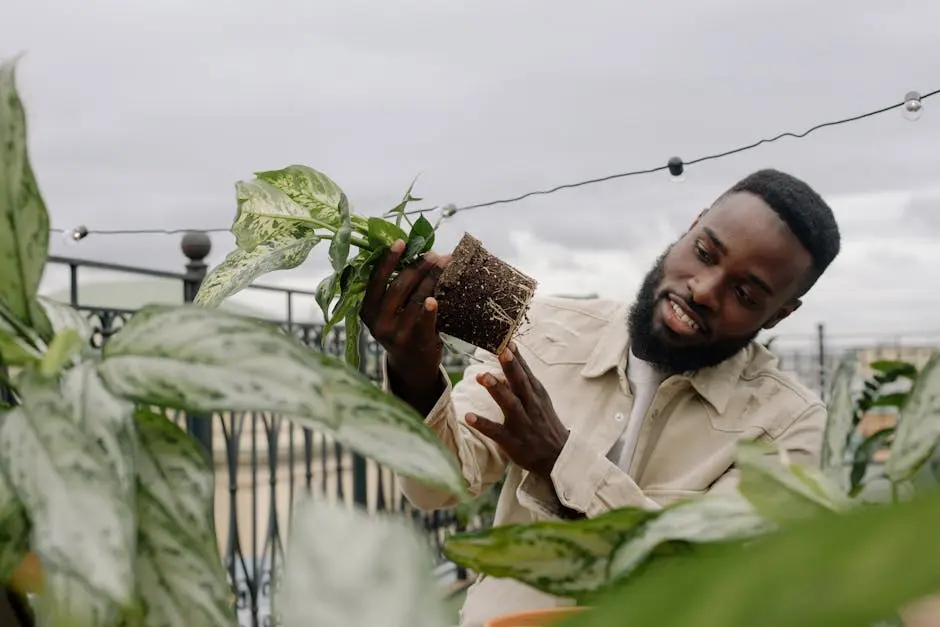 African American man caring for potted plants on a rooftop garden.