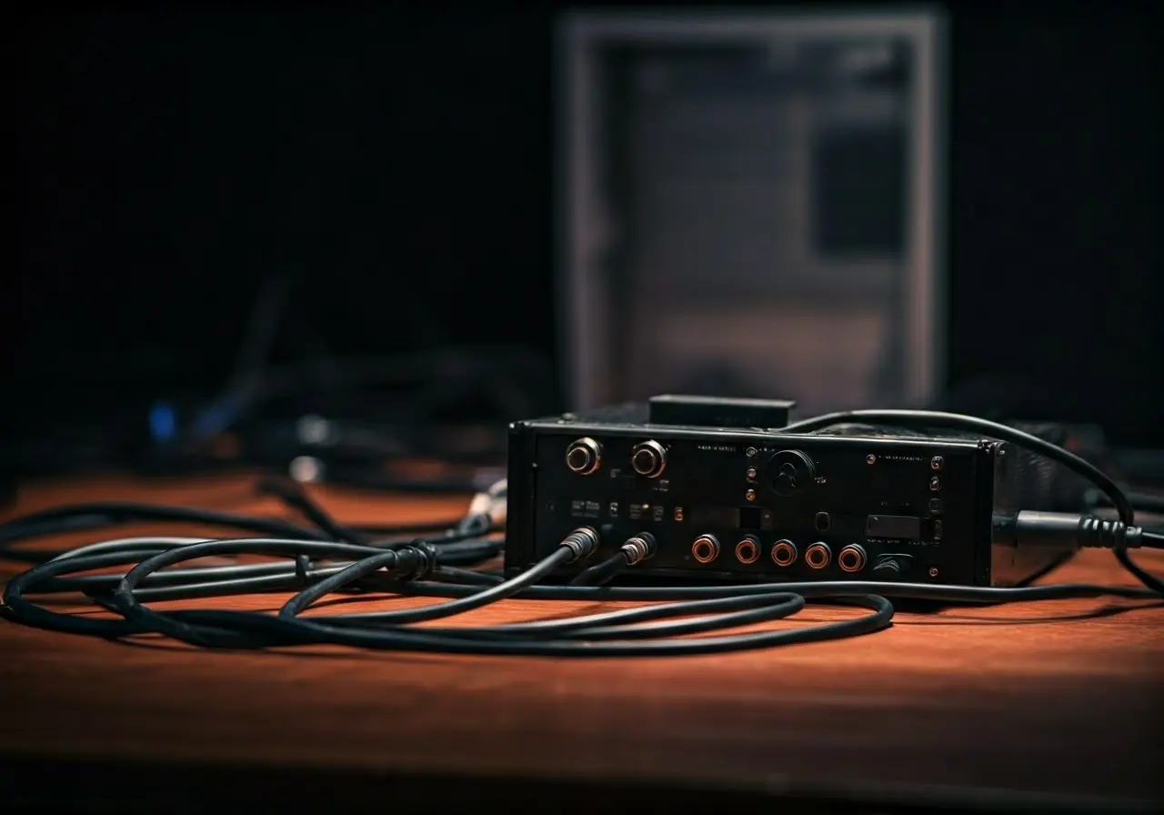 A cluttered desk with computer cables and technical equipment. 35mm stock photo