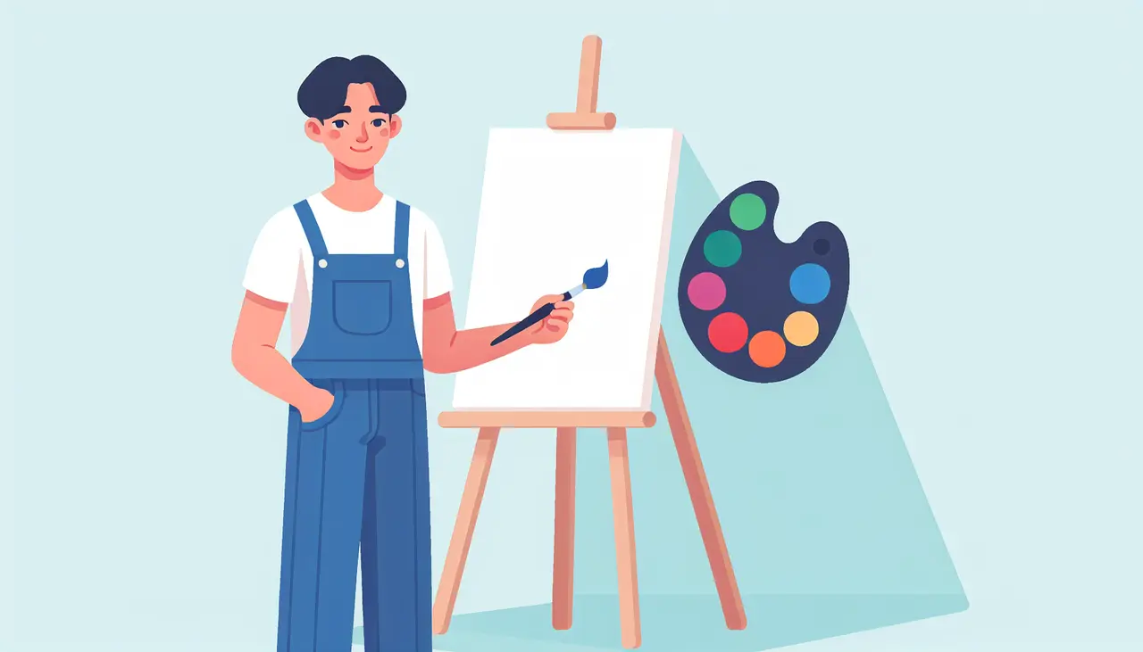 Draw a graphic in flat design style. A person holding a color palette next to a large canvas on an easel.