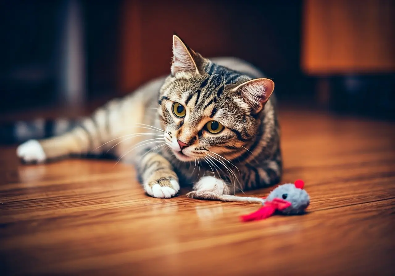 A cat playing with a toy mouse indoors. 35mm stock photo