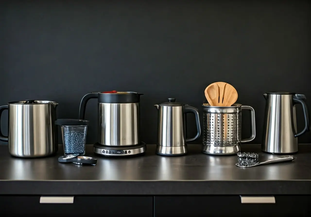 A variety of modern kitchen gadgets on a countertop. 35mm stock photo