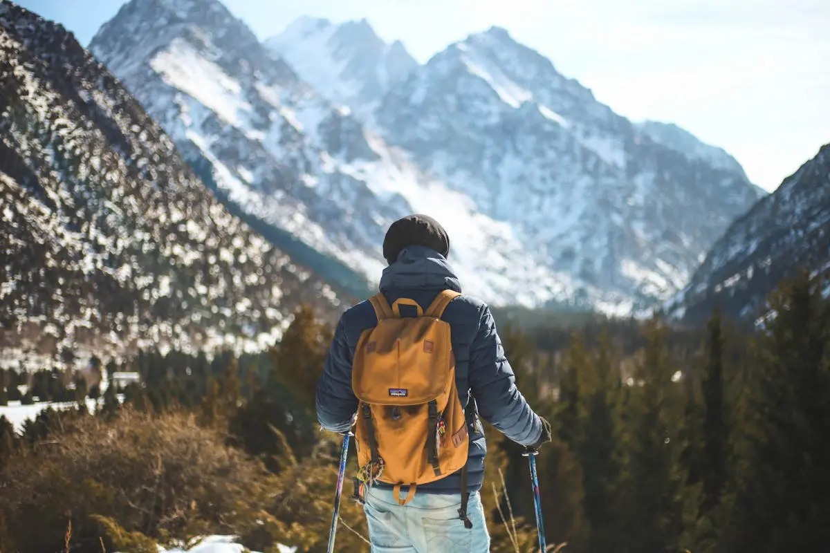 A hiker with a backpack explores a scenic winter mountain landscape.