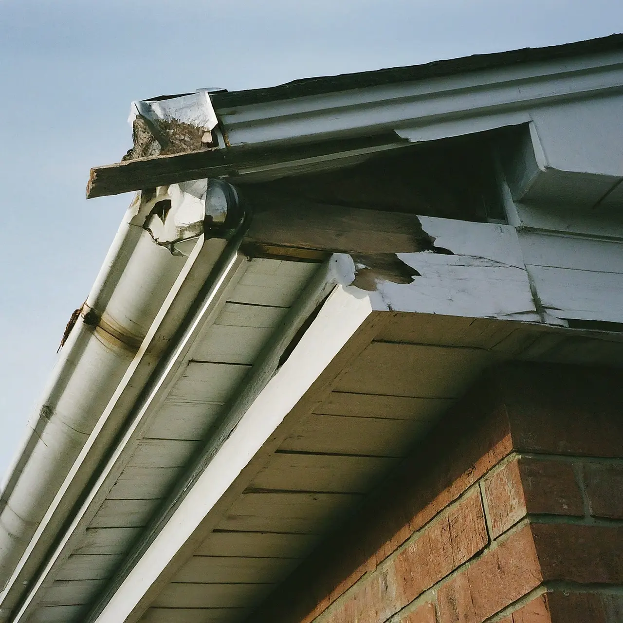 A damaged soffit on a residential home exterior. 35mm stock photo