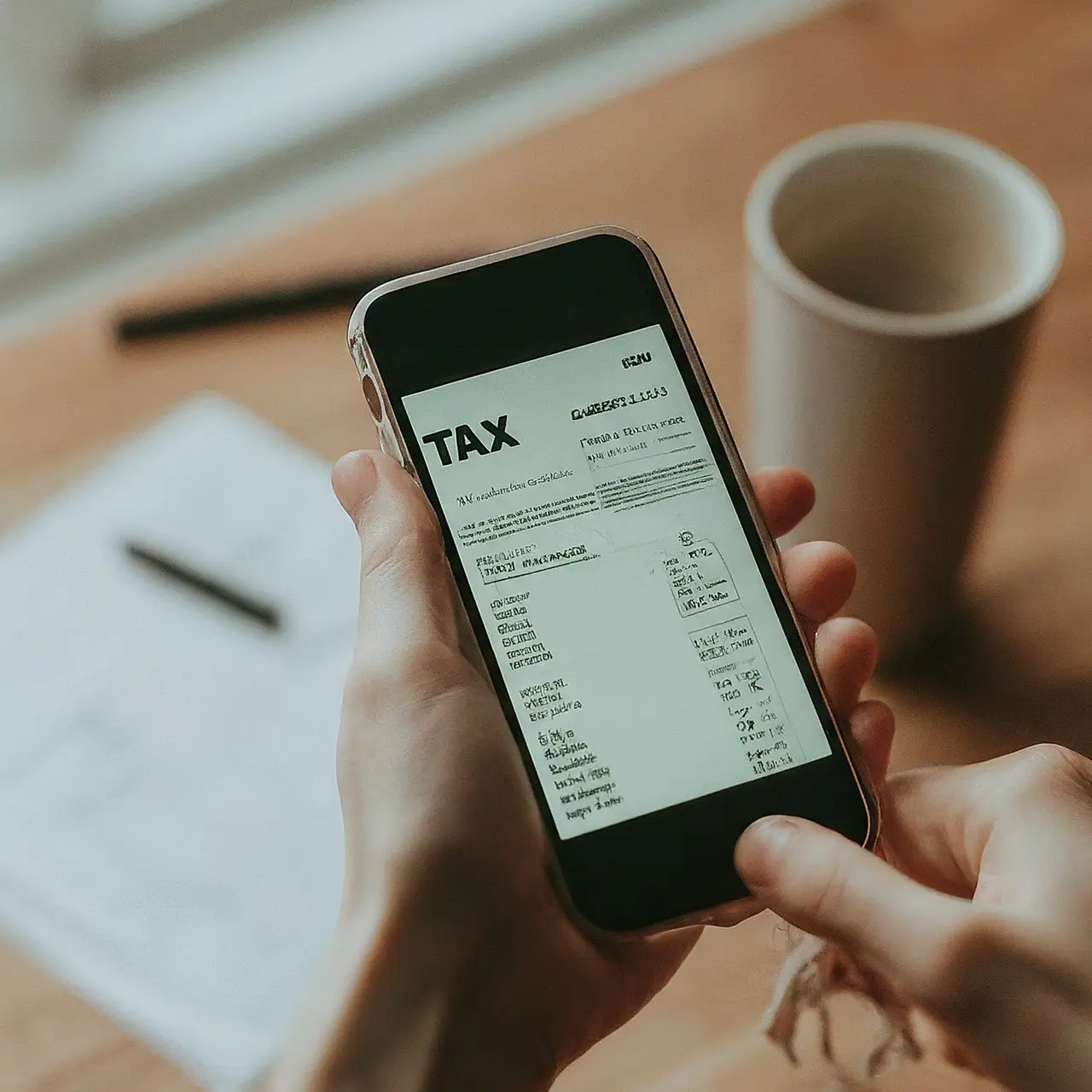 A smartphone displaying a digital receipt with a tax form. 35mm stock photo