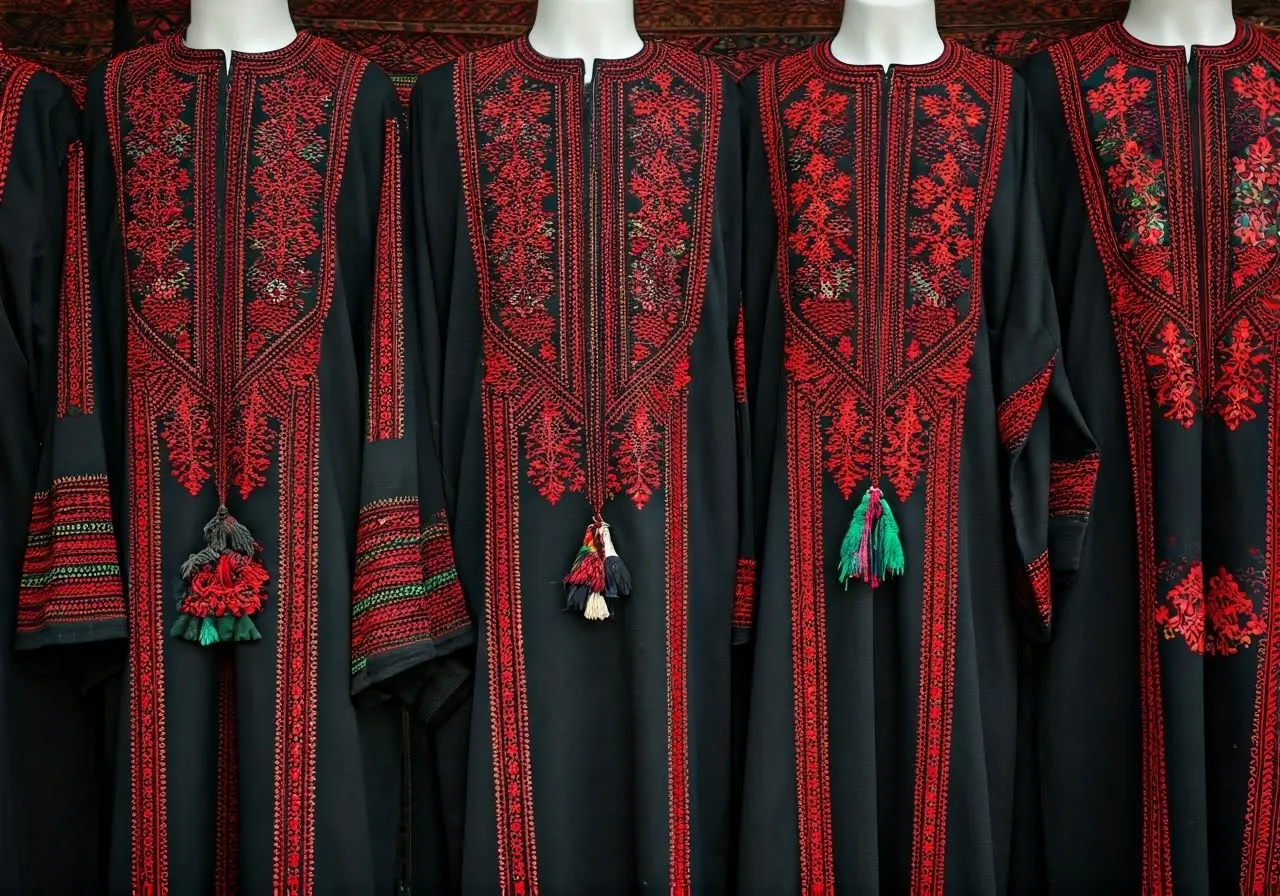 Traditional Palestinian garments with intricate embroidery patterns displayed. 35mm stock photo