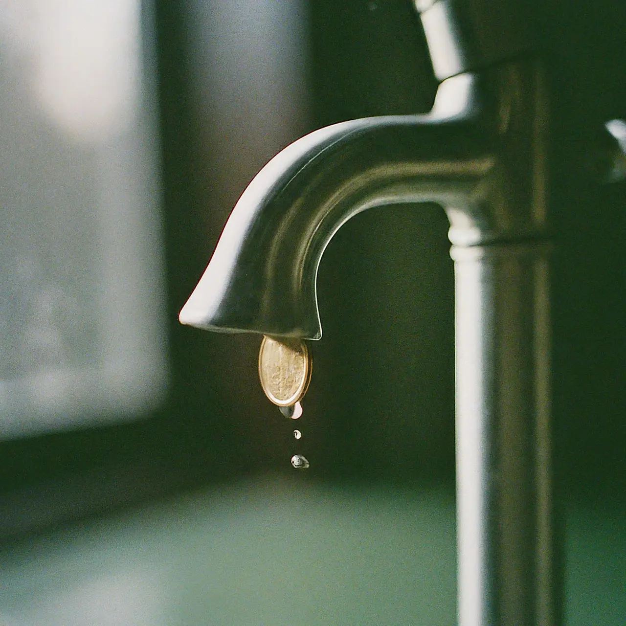 A dripping faucet with a coin beneath it. 35mm stock photo