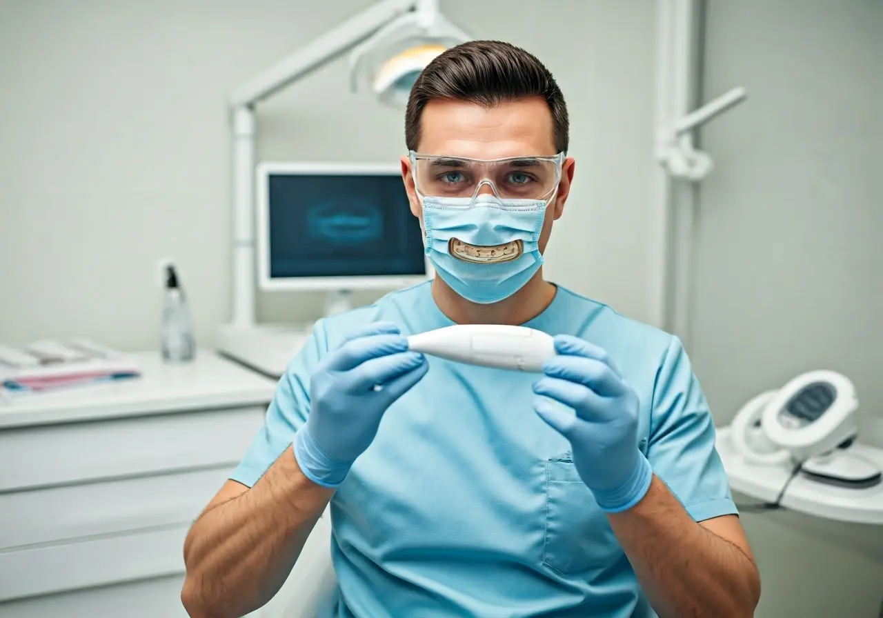 A dentist holding teeth whitening equipment in a bright clinic. 35mm stock photo