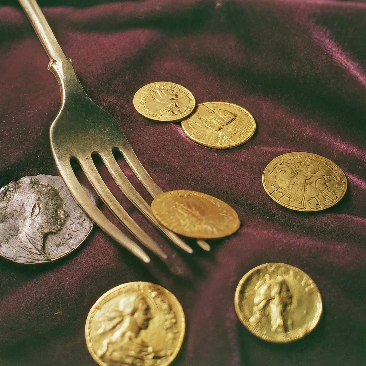 Assorted vintage gold coins and an antique fork on velvet. 35mm stock photo