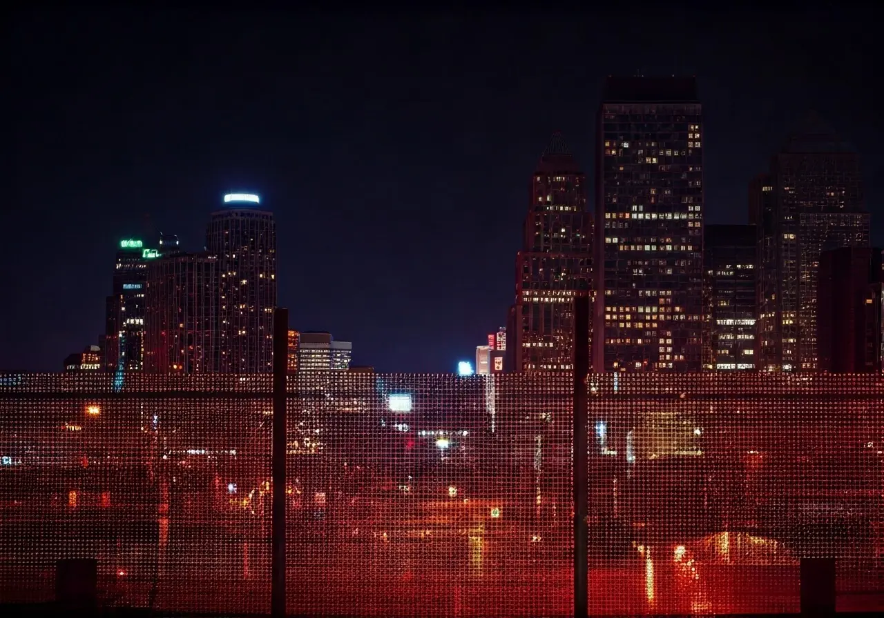 Neon LED signs flashing against a nighttime cityscape backdrop. 35mm stock photo