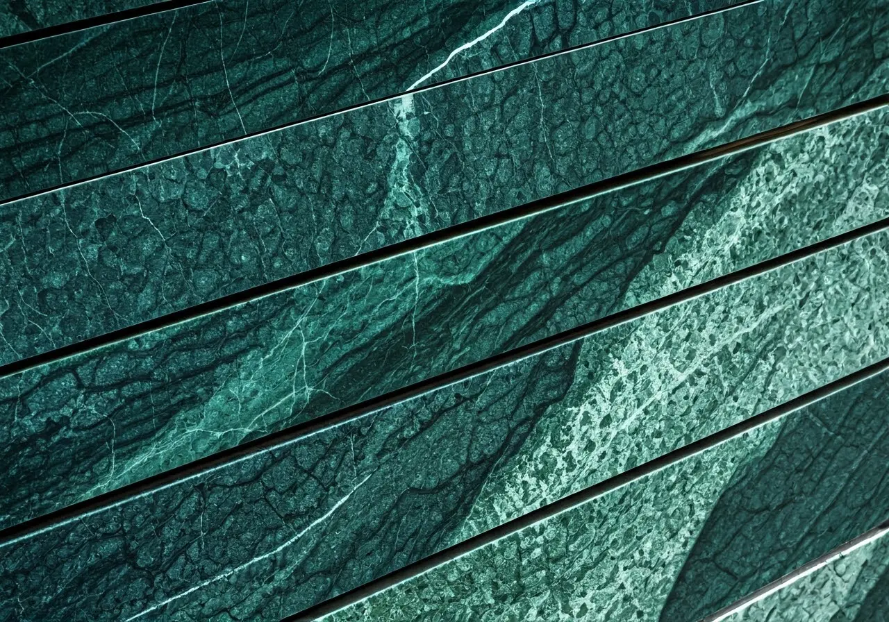 An arranged display of Ming green marble slabs. 35mm stock photo