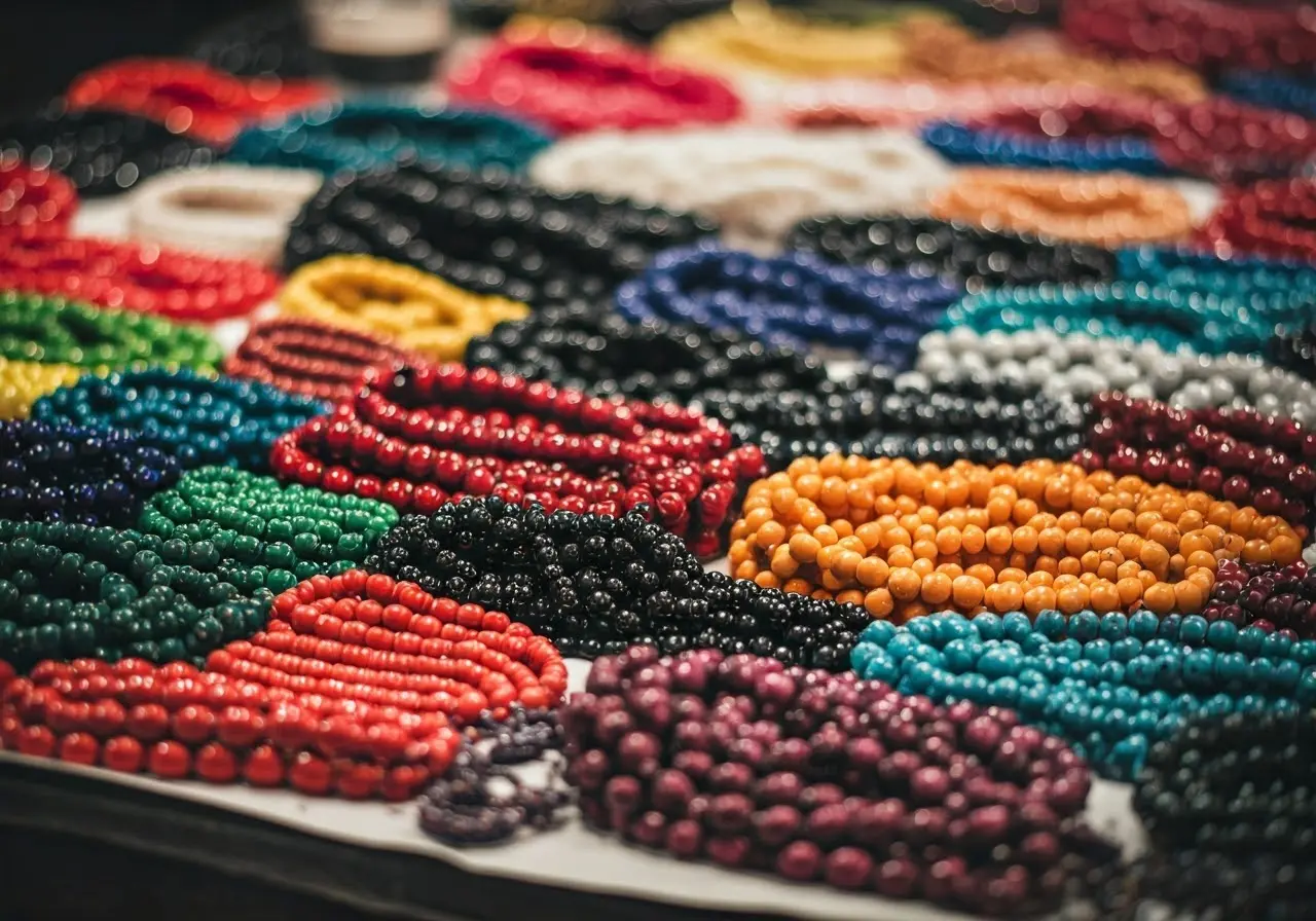 A variety of colorful religious beads displayed on a table. 35mm stock photo