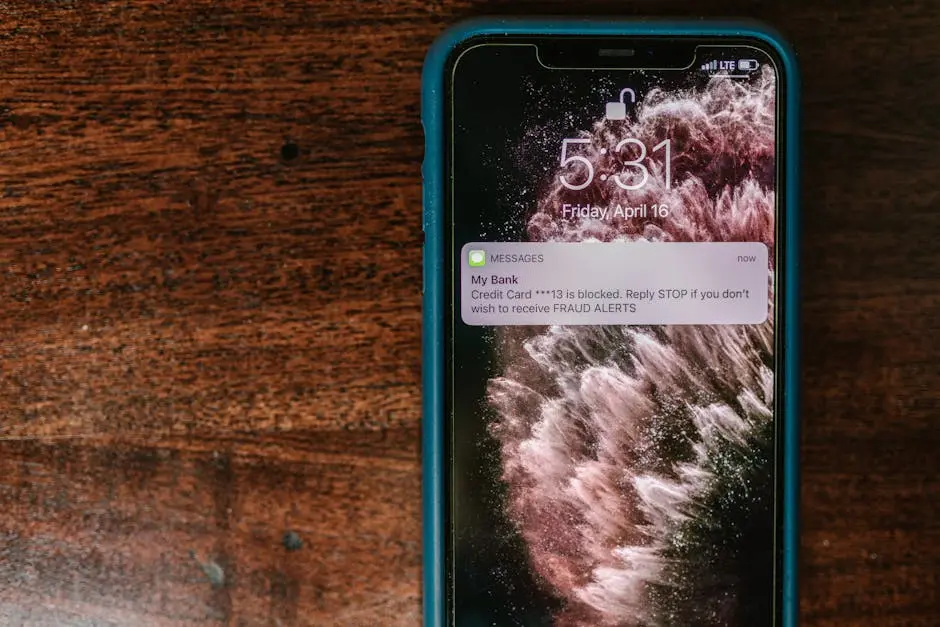 Close-up of smartphone displaying a fraud alert message on wooden surface.