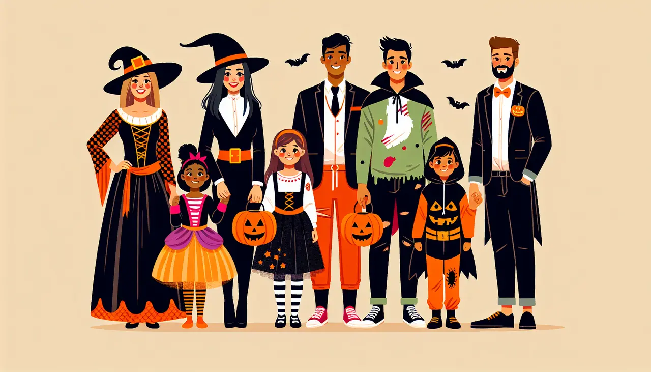 Draw a graphic in flat design style. Illustration of a family in fun Halloween costumes standing together, each character easily recognizable.