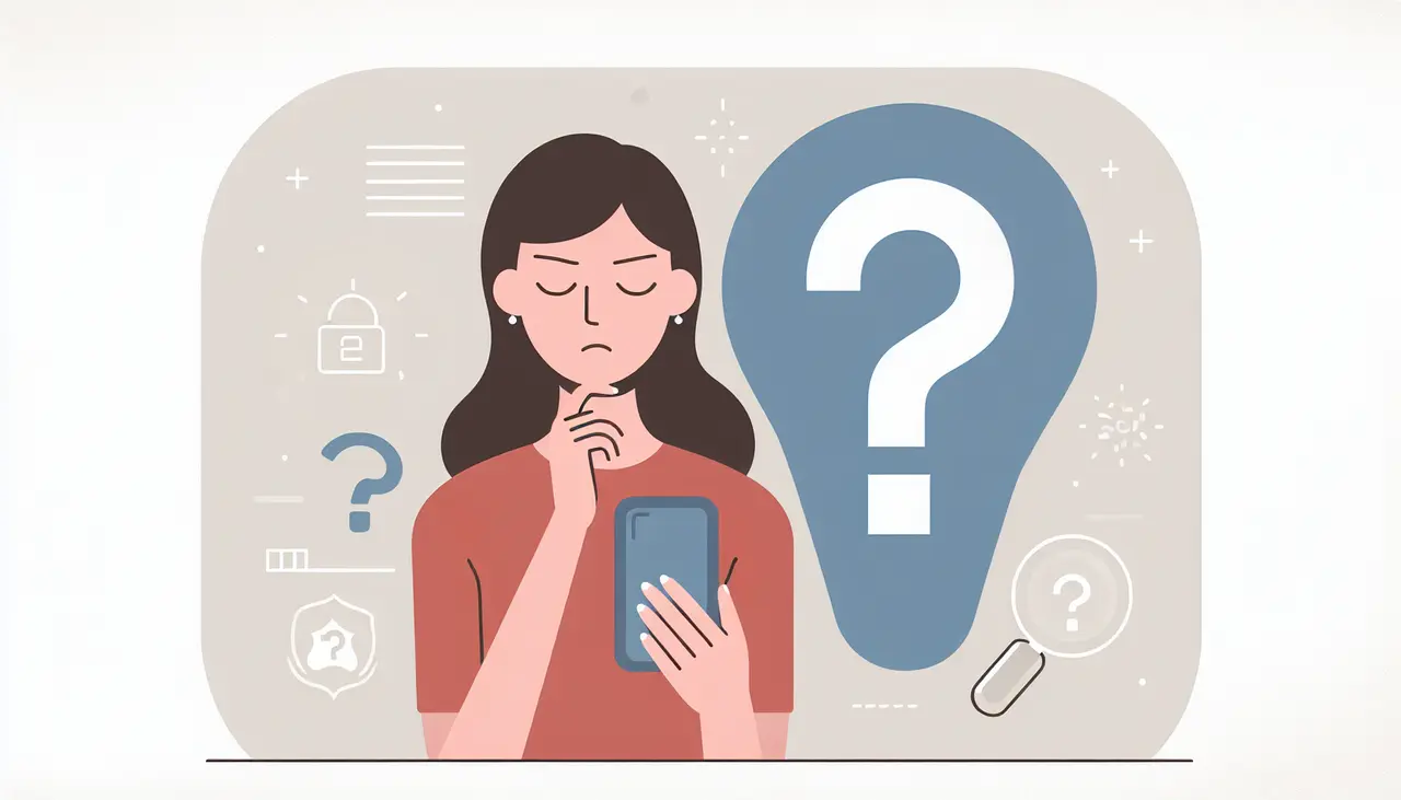 Draw a graphic in flat design style. A flat design illustration of a thoughtful person holding a phone, standing next to a large question mark, with subtle police-related symbols in the background.