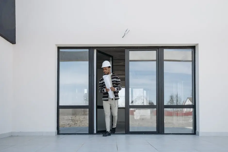 A professional architect walks out of a modern building holding house plans, symbolizing construction and development.