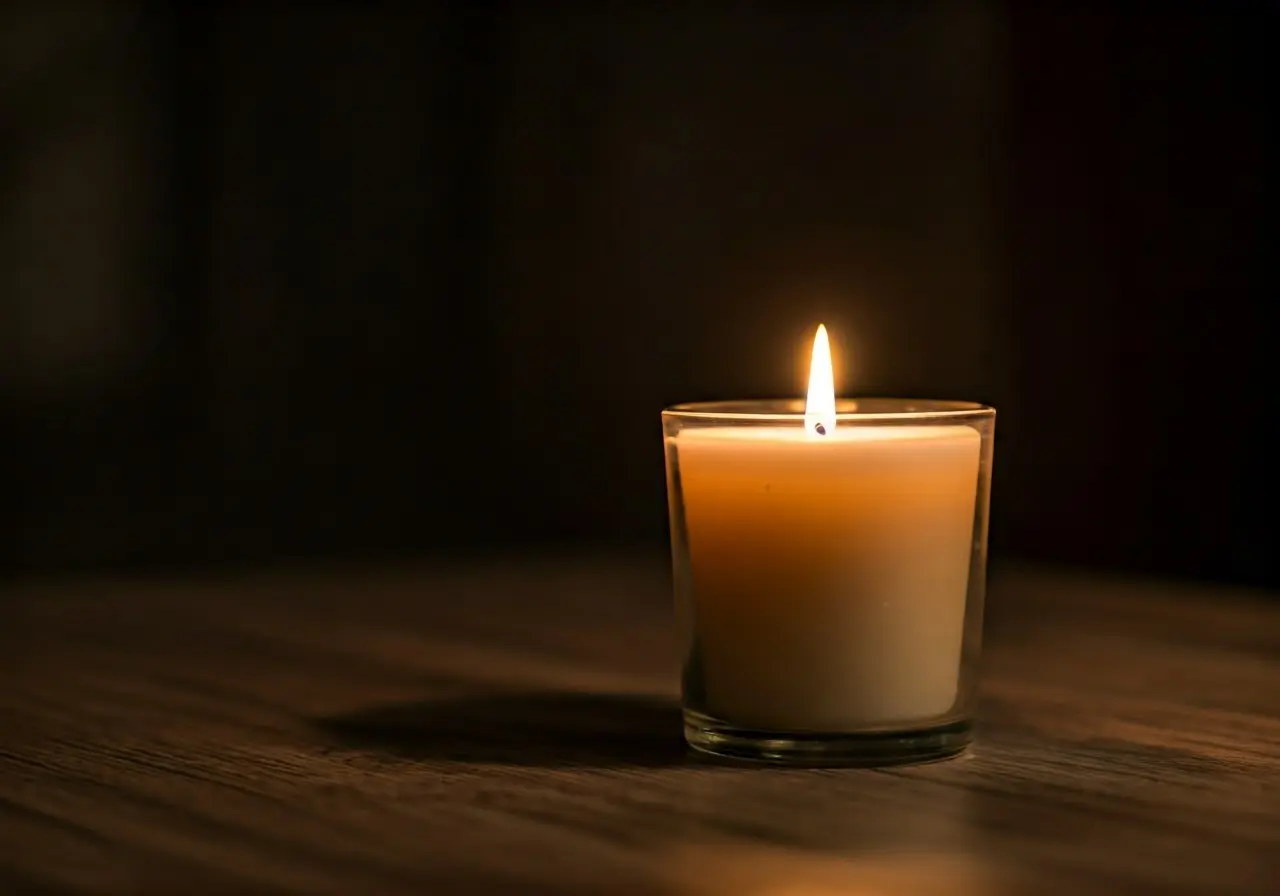 A comforting candle with a soft, warm glow. 35mm stock photo