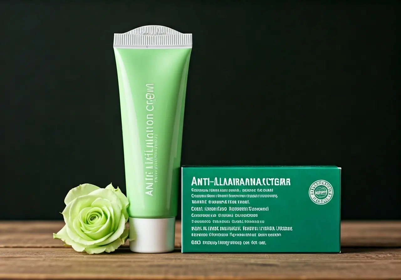 A tube of anti-inflammatory cream with soothing green packaging. 35mm stock photo