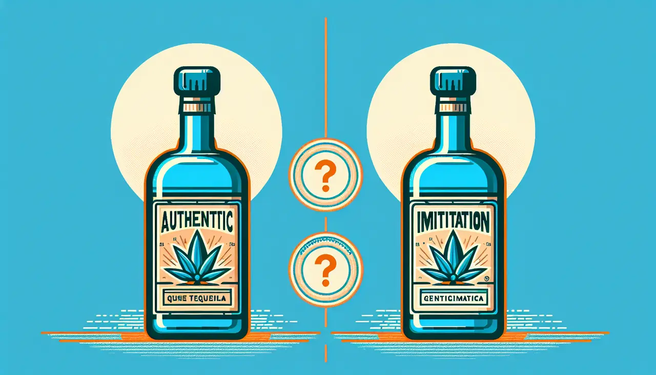 Draw a graphic in flat design style. A comparison of two tequila bottles, one labeled Authentic with a blue agave plant icon and one labeled Imitation with a question mark, on a clean, simple background.