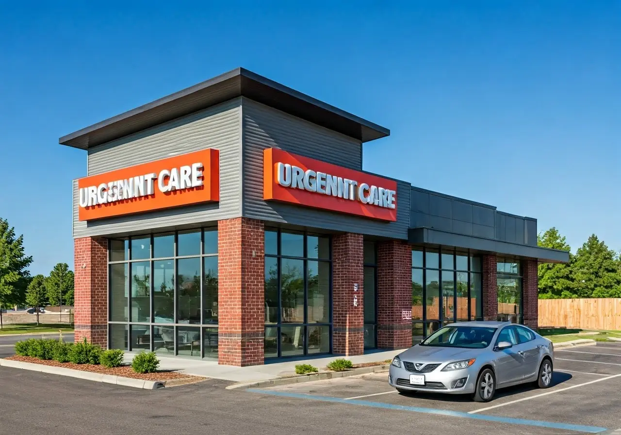 A modern urgent care clinic exterior with clear signage. 35mm stock photo