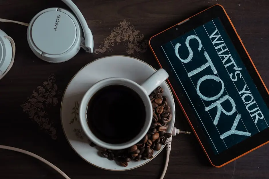 Flat lay of coffee cup, headphones, and tablet with ‘What’s Your Story’ on screen.