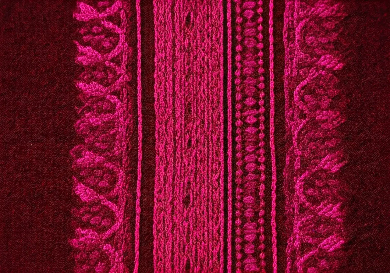 A close-up of intricate pink embroidery on traditional fabric. 35mm stock photo