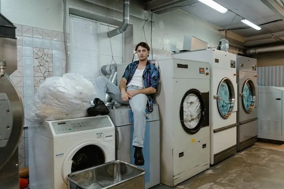 A man sits on a washing machine in a bustling laundry facility with industrial dryers.