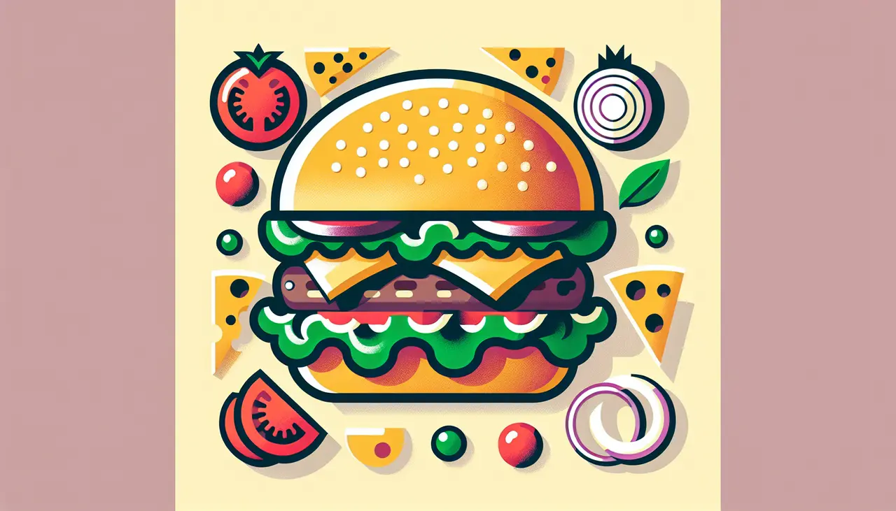 Draw a graphic in flat design style. Illustration of a bison burger with an array of simple toppings around it.