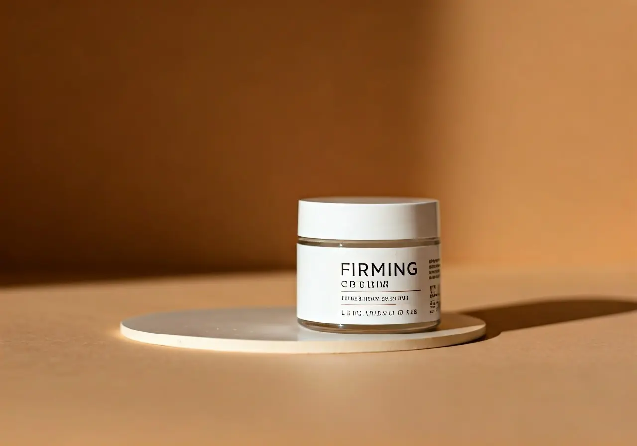 A jar of firming cream beside a neutral backdrop. 35mm stock photo