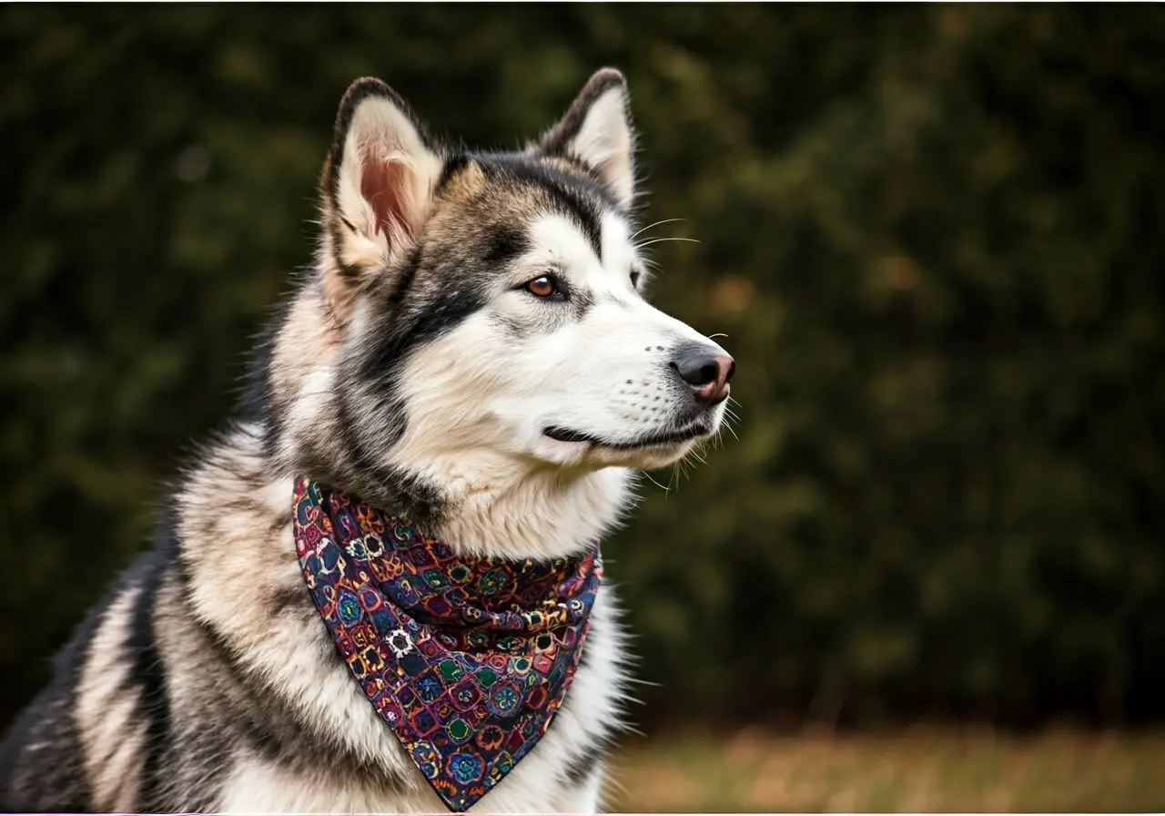 Alaskan Malamute wearing a colorful, affordable bandana outside. 35mm stock photo