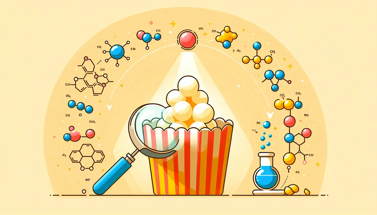 Draw a graphic in flat design style. Illustrate a single popcorn kernel transforming into a popped popcorn, with a few science-related icons like a magnifying glass and a molecular structure around it.