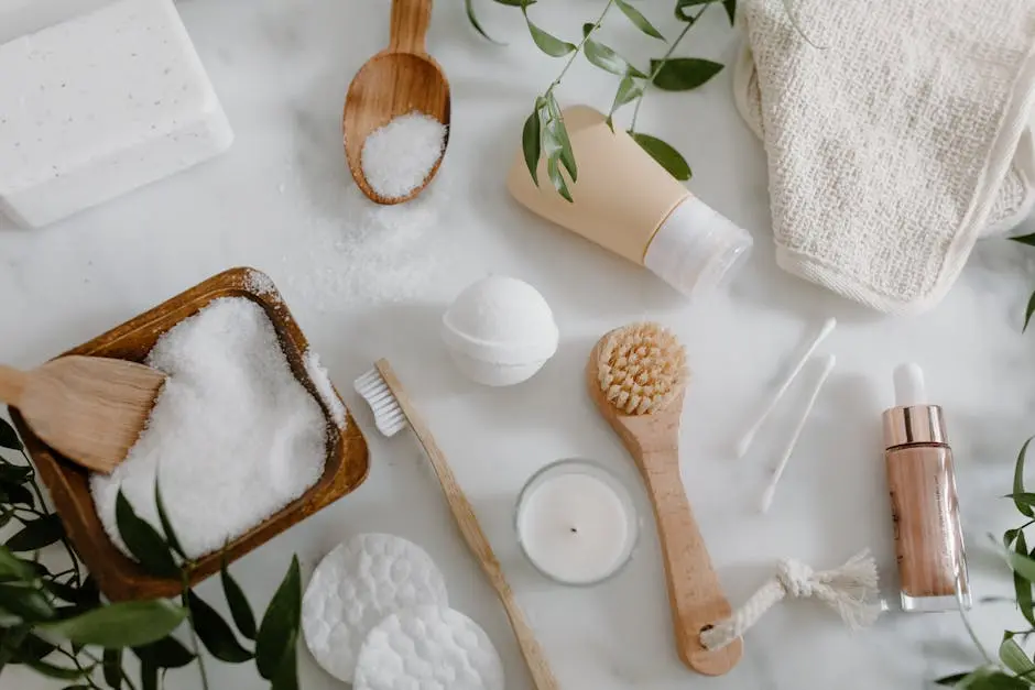 Flat lay of natural spa essentials including salts, soap, brush, and greenery.