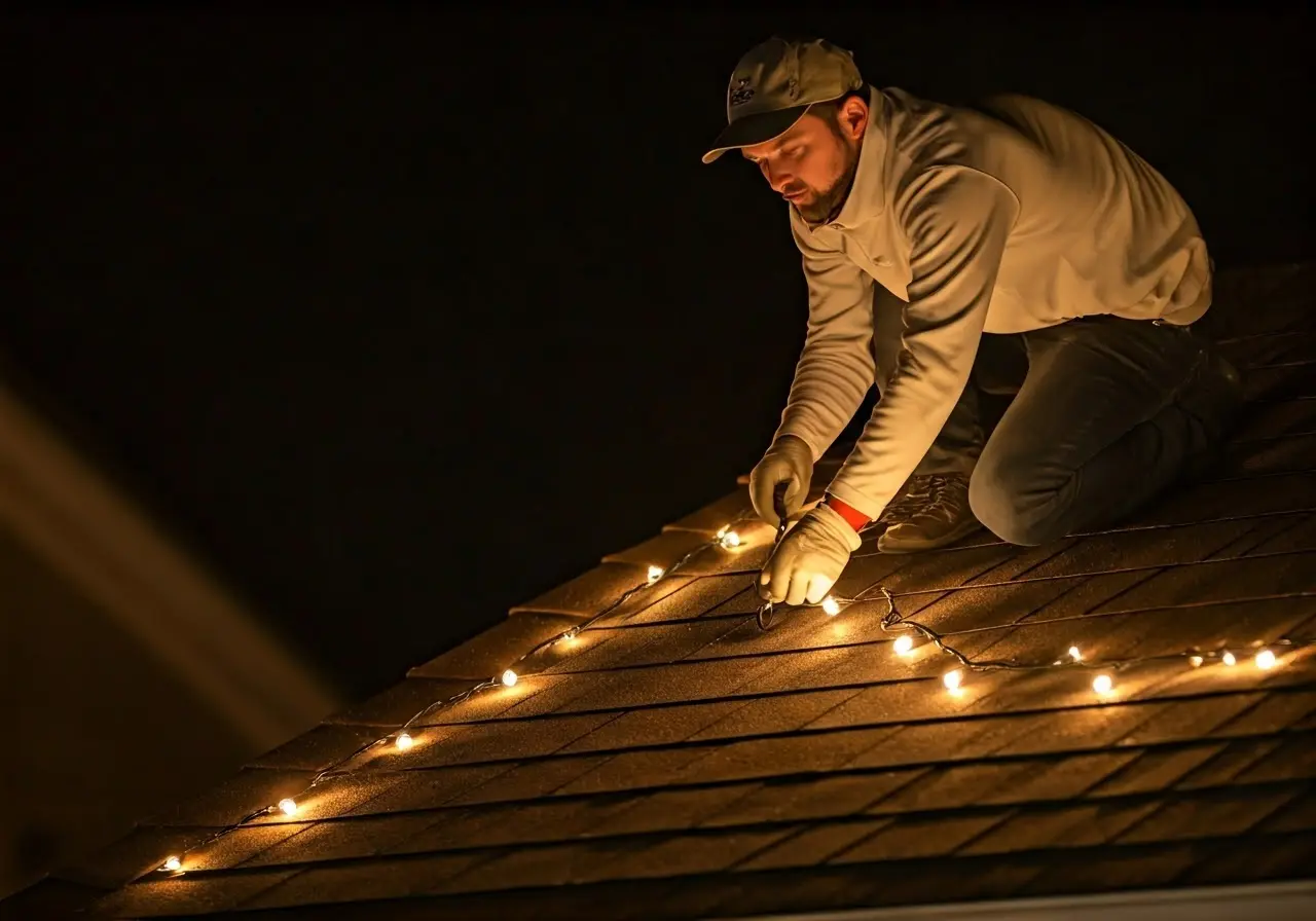 A worker installing Christmas lights on a house roof. 35mm stock photo